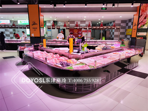 湖北省武漢市江夏區北華街大型超市豬肉展示柜-等腰三角園鮮肉柜案例